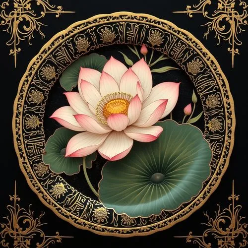 Hay una imagen de una flor en el plato，El fondo es negro, Fondo de pintura de estilo barroco, Paño de seda con textura de mármol tallado, Patrón chinoiserie, modernismo oriental, loto Mandala, Ornamen