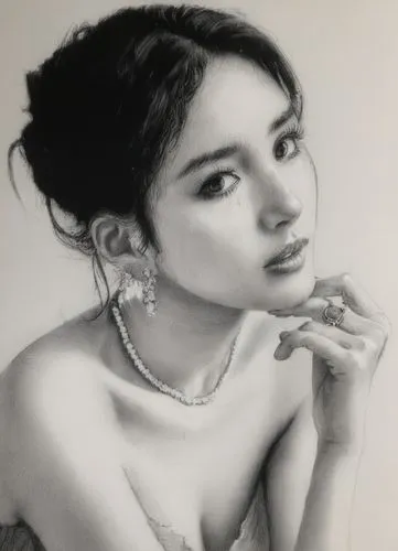 黑色头发，耳环，项链，珠宝，宝石戒指,pencil drawing of a woman in her own,charcoal pencil,yifei,pencil drawing,shibahara,yuna,cornelisse,Illustration,Black and White,Black and White 35