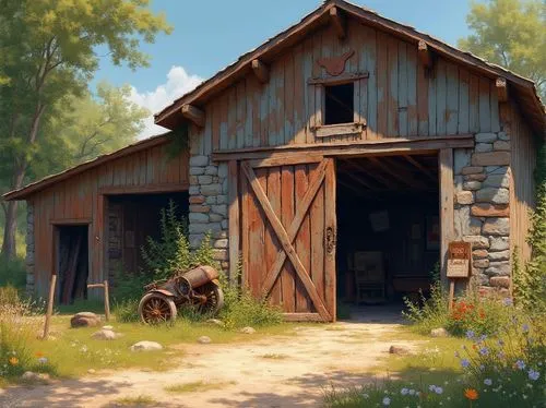 Rustic barn, distressed wood, weathered metal, earthy tones, natural stone walls, rough-hewn beams, vintage farm equipment, worn wooden doors, rusty hinges, faded signage, overgrown vegetation, wildfl