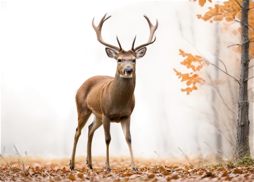 Wild deer, autumn forest, brown fur, white tail, majestic antlers, gentle eyes, soft morning light, 3/4 composition, shallow depth of field, warm color tone, cinematic lighting, freedom pose, running,