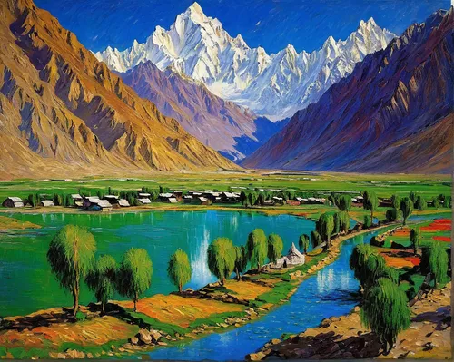 Gulmit Village and Passu Cones.,karakoram,pamir,the pamir mountains,himalaya,ladakh,everest region,himalayas,abe-e-panj river valley,himalayan,khokhloma painting,annapurna,mountain scene,the pamir hig