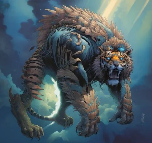 Huge creature with bone exoskeleton, tiger face, very dark fur, bright third eye,manticore,fenrir,narasimha,barghuti,rakshasa,jayasimha,sabretooth,chimera,sabertooth,werewolve,tigon,forest king lion,b