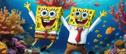 SpongeBob SquarePants, Bikini Bottom, excited expression, blue eyes, yellow skin, porous body, white shirt with a red tie, brown square pants, enthusiastic gesture, jumping, energetic pose, colorful c