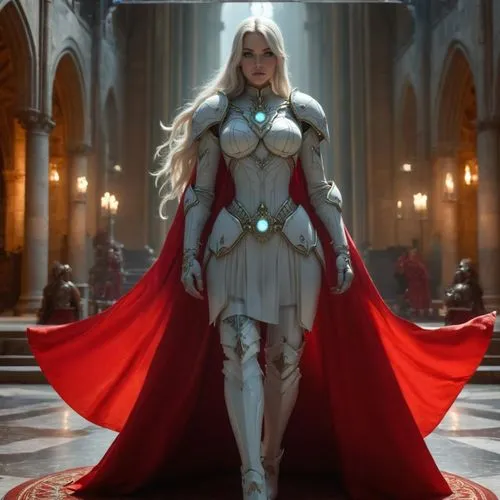 a beautiful woman in intricate futuristic white dress armor, adepta sorita, sister of battle, warhammer 40k, pale skin, blue glowing eyes, full body, curvy body, realistic, cinematic, red cloak, cathe