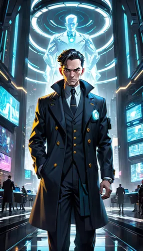 sci fiction illustration,game illustration,cg artwork,cyberpunk,engineer,spy visual,cybernetics,banker,cyber,navy suit,spy,white-collar worker,night administrator,kingpin,theoretician physician,3d man,pandemic,agent 13,magistrate,ceo,Anime,Anime,General