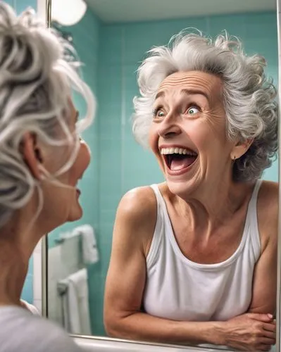 anti aging,laughing tip,facial cleanser,elderly person,menopause,elderly lady,elderly people,facial cancer,tooth bleaching,personal hygiene,cosmetic dentistry,to laugh,older person,old woman,dermatologist,old age,the mirror,care for the elderly,management of hair loss,makeup mirror