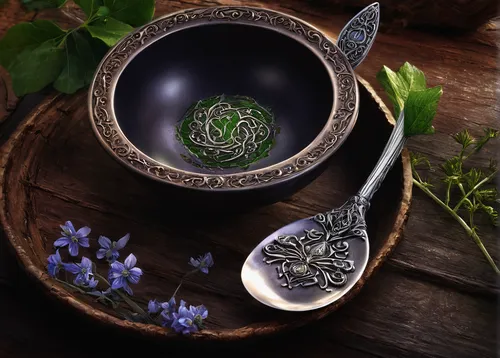 mystic light food photography,herb knife,herb tea,utensils,crème de menthe,tea tin,dulcimer herb,ornate pocket watch,tanacetum balsamita,cup and saucer,decorative plate,silversmith,tea box,wooden spoon,cooking spoon,elven flower,celtic queen,maojian tea,cooking utensils,hobbiton,Conceptual Art,Fantasy,Fantasy 30