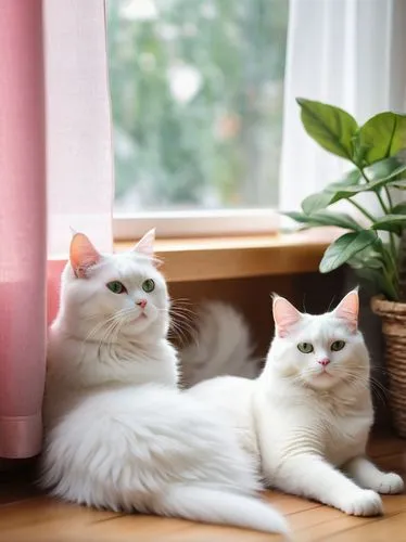 Hermosos gatos, two white cats, sitting, lying down, stretching, playing, cute eyes, pink nose, fluffy fur, whiskers, ears up, soft lighting, warm atmosphere, indoor scene, cozy living room, wooden fl