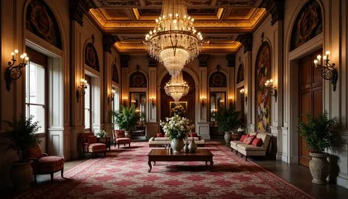 royal interior,foyer,entrance hall,hallway,ritzau,ornate room,hotel hall,banff springs hotel,gleneagles hotel,ballroom,corridor,lobby,kempinski,enfilade,biltmore,grand hotel europe,crown palace,cliveden,europe palace,nemacolin