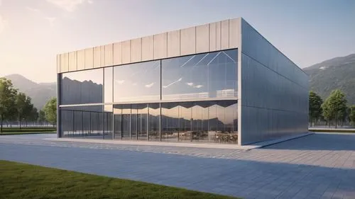 an image of a modern building that is outside,snohetta,glass facade,epfl,revit,solar cell base,cubic house,gaggenau,glass building,prefab,modern architecture,futuristic art museum,3d rendering,prefabr