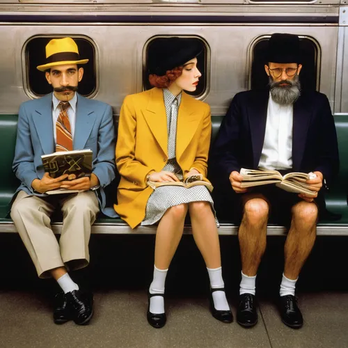 train seats,train compartment,e-book readers,readers,people reading newspaper,hipsters,commuting,three wise monkeys,beatles,london underground,french tourists,pop art people,straw hats,commute,train ride,the beatles,men sitting,hats,public transportation,sun hats,Illustration,Retro,Retro 15