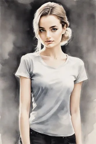 WOMAN MODEL, FASHION LIFESTYLE, 1970s,drawing of a girl's face in black and white,abnegation,tamsin,grey background,girl in t-shirt,cammie,lilyana,Digital Art,Watercolor