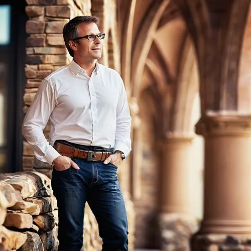 Middle-aged male, architect, Lubbock style, casual wear, black-rimmed glasses, short brown hair, stubble, white shirt, dark blue jeans, black leather belt, brown boots, holding blueprints, standing, l