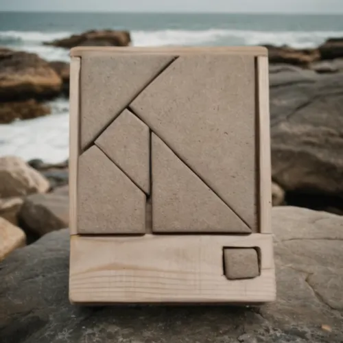 an item with an area marked in the middle on rocks near the ocean,clip board,wooden block,knoblock,wooden cubes,wood blocks,cigarette box