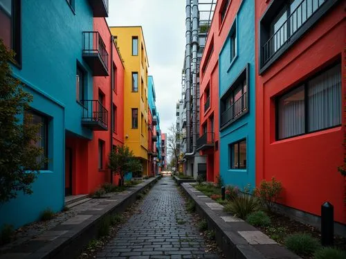 colorful city,laneways,row houses,saturated colors,old linden alley,alley,alleyways,three primary colors,blocks of houses,ruelle,herrengasse,laneway,alleyway,alleys,rue,gasse,colorful facade,apartment blocks,hafencity,friedrichshain