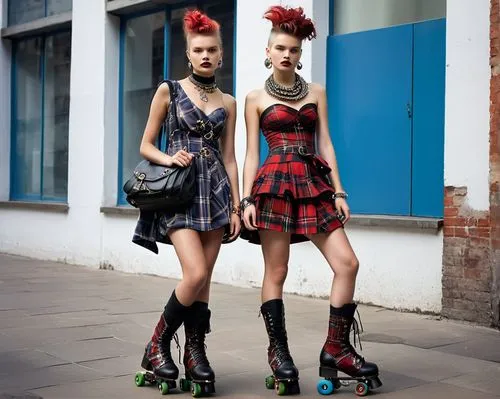 two young girls in short lycra shorts ride around the city on roller skates,fashion dolls,gothic fashion,rockabilly style,streampunk,punk design,designer dolls,fashion street,goths,latex clothing,cheq