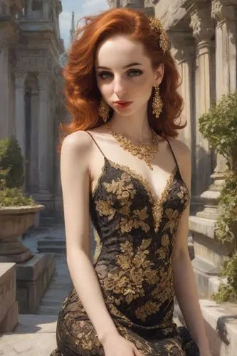 Redhead with a delicate face and ideal figure, dressed in an elegant black and gold lace dress, adorned with necklace and earrings, poses with grace, embodying aesthetically improved beauty similar to