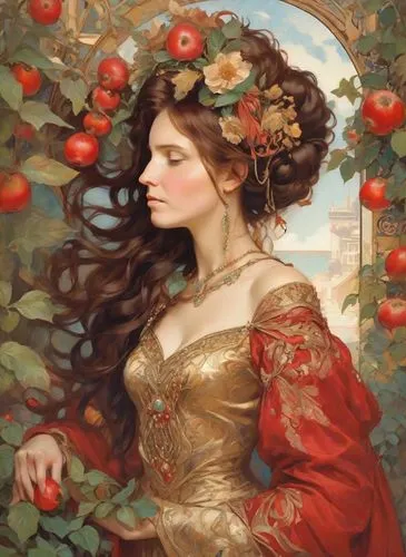 girl in a wreath,persephone,girl picking apples,woman eating apple,perugini,girl in the garden,Digital Art,Impressionism