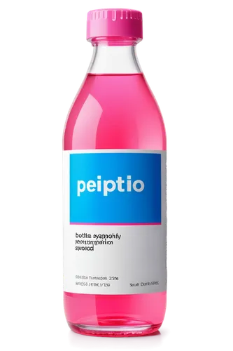 Bottle, Pepto Bismol, pink liquid, rounded shape, white cap, label, transparent glass, reflective surface, shallow depth of field, softbox lighting, 3/4 composition, slight tilt, realistic rendering.,