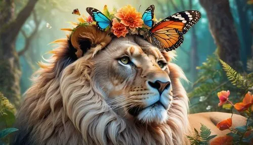 forest king lion,king of the jungle,african lion,monarch,female lion,fantasy picture,lion,male lion,forest animal,fauna,panthera leo,majestic nature,fantasy art,woodland animals,lioness,forest animals,wild emperor,whimsical animals,fantasy portrait,lion - feline,Conceptual Art,Fantasy,Fantasy 23