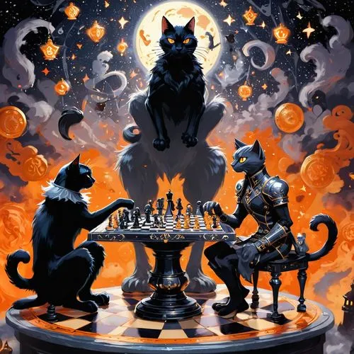 As the night sky grows longer, a mystical chess room is occupied by a single figure, each with his own unique expression. The table is adorned with intricate clocks, each one shining brightly against 