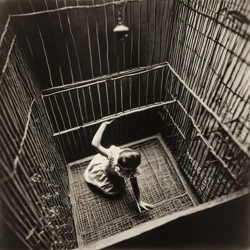 girl trapped in a bird cage,prisoner,arbitrary confinement,kennel,dog crate,the morgue,captivity,prison,concentration camp,stieglitz,animal containment facility,crate,escher,panopticon,vegetable crate