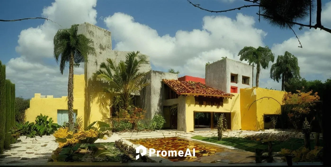 EL EXTERIOR DE UNA CASA CON ESTILO MEXCANO MODERNO, USO DE COLORES VIBRANTES, MATERIALES REFIONALES, TEJA, VIGAS DE MADERA, EN UN AMBIENTE EXUBERANTE, ESTANQUE DE AGUA AL FRENTE.,a large yellow house 