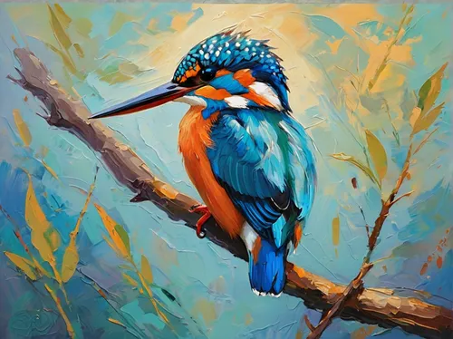 kingfisher,bird painting,common kingfisher,coastal bird,colorful birds,giant kingfisher,blue peacock,avian,perico,oil painting,painting technique,tropical bird,nature bird,bird on branch,bird on the tree,oil painting on canvas,kookaburra,birds on a branch,tropical bird climber,bird illustration,Conceptual Art,Oil color,Oil Color 10