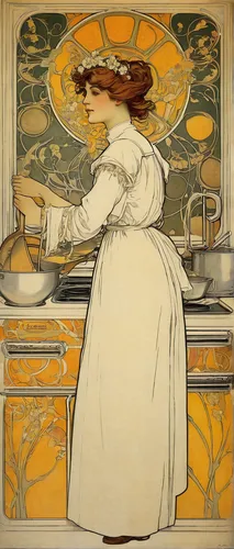 mucha,girl in the kitchen,alfons mucha,kate greenaway,art nouveau design,art nouveau,laundress,ceramic hob,cookery,victorian kitchen,art deco woman,woman holding pie,vintage dishes,vintage kitchen,cooking book cover,milkmaid,girl with cereal bowl,cheesemaking,woman drinking coffee,dishes,Illustration,Retro,Retro 03