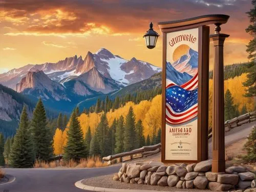 Colorful Colorado advertising billboard, morning sunlight, mountainous background, evergreen trees, rocky terrain, winding roads, SUV parked nearby, American flag waving gently, wooden fencing, rustic