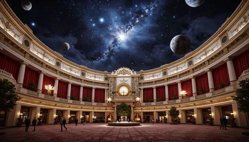 Richly ornamented planetarium, celestial bodies, stars, galaxies, neoclassical architecture, grandiose chandeliers, intricate moldings, gilded details, luxurious velvet drapes, ornate frescoes, astron