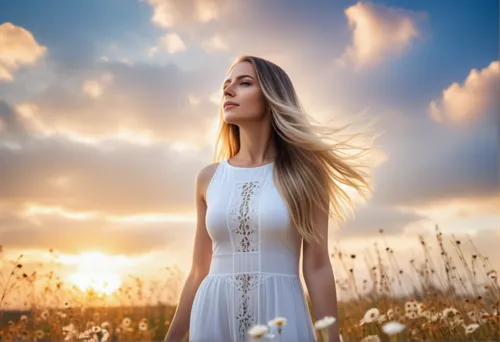 Beautiful woman with long hair at sunrise,celtic woman,girl in a long dress,country dress,jessamine,image manipulation,women's clothing,bridal clothing,sun bride,women clothes,spring equinox,sheath dr