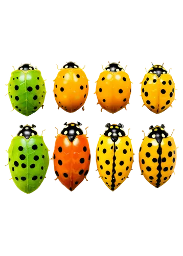 ladybug, life cycle, six stages, eggs, larvae, pupa, adult, yellow body, black spots, wings open, standing on leaf, green background, natural light, macro photography, extreme close-up, shallow depth 