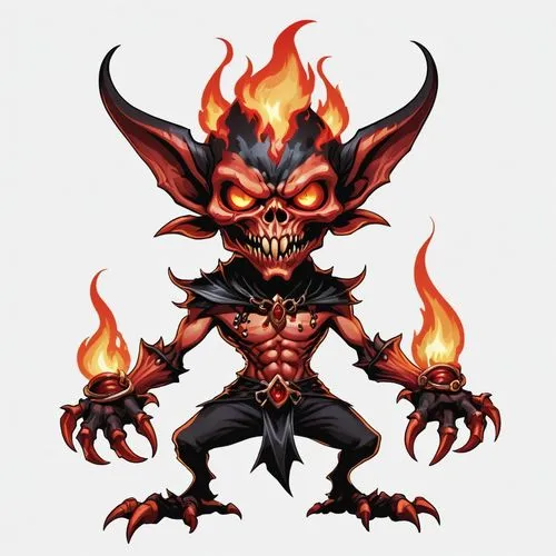 2d front sprite of a red and black colored spooky flaming death goblin gangster monster, transparent background,a demonic demon with orange flames in his chest,ifrit,surtur,fire devil,demongeot,firebr