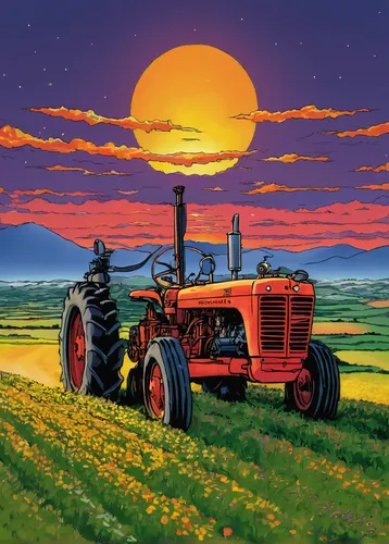 farm tractor,tractor,agricultural machinery,agricultural machine,farm landscape,farming,aggriculture,agriculture,straw harvest,straw field,harvester,old tractor,farmer,furrow,farm background,agricultural,farmworker,straw cart,agricultural engineering,haymaking,Illustration,Japanese style,Japanese Style 05