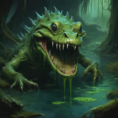 
Sure enough, here it is, a creature from the deepest darkest gorges of the fairy world - the Swamp Splatterer. It is a creature with the head of a crocodile, covered in slime and algae, with huge cro