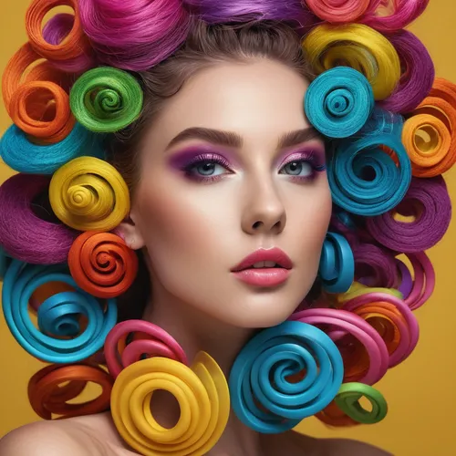 Create whimsical coils hairstyles with vibrant colors, playful accessories, and creative shapes. Design a lively ambiance for a fun and imaginative look.,colorful spiral,curlers,vibrant color,colorful