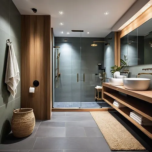 Create a bathroom with a Modern Refined Design:  clean lines and a minimalist but natural aesthetic. 
 Incorporate elements inspired by Japanese design, such as an ofuro-style bathtub, and shower with