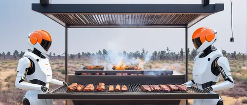 Imagine a futuristic B&B Smokehouse where robots serve perfectly grilled meats in a technologically advanced setting.,flamed grill,outdoor grill,barbecue grill,barbeque grill,outdoor grill rack & topp