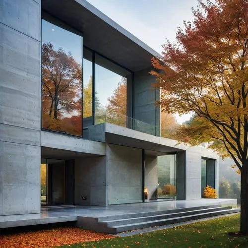 modern villa, exterior, duplex, telephoto, depth of field, complex space, Zen, ((sleek minimalist futuristic facade)), most expensive house, award winning, autumn, daylight, (colorful trees), (wet asp