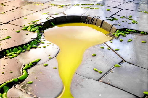 Realistic vomit, puddle shape, yellow-green liquid, chunky texture, scattered debris, ceramic tile floor, subtle shine, morning light, 3/4 composition, shallow depth of field, warm color tone, cinemat