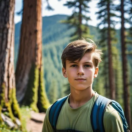 portrait d'un jeune randonneur en montagne, arrière plan légèrement flou, beau garçon et de gigantesques arbres,forest background,free wilderness,atreus,nature and man,forest man,survivorman,silvicult