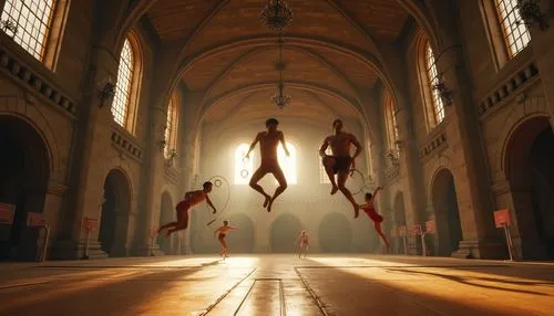 Romanesque gymnasium, ancient stone walls, fiber-cement composite material, intricate arches, ribbed vaulted ceiling, grand chandeliers, ornate columns, athletic equipment, basketball hoops, gymnastic