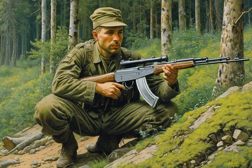 Write a heartwarming story about a soldier who finds solace in a gifted Kalashnikov.,red army rifleman,vietnam veteran,south russian ovcharka,kalashnikov,rifle,patrol,rifleman,gi,m4a1 carbine,vietnam,