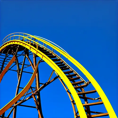 Yellow roller coaster, vibrant yellow tracks, steep drops, sharp turns, thrill ride, sunny day, clear blue sky, people screaming with excitement, safety bars, worn wooden structure, nostalgic feel, wa