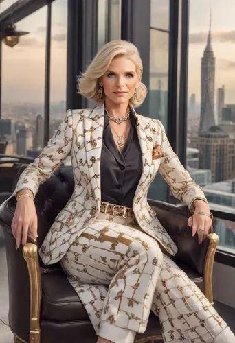 Classic Refinement, 55yo, curvy woman, sitting on a chair,cruella de ville,eva saint marie-hollywood,pantsuit,business woman,woman in menswear,cruella,aging icon,ann margarett-hollywood,businesswoman,