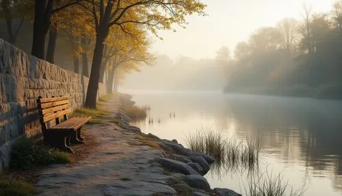 morning mist,autumn morning,calmness,wooden bench,tranquility,quietude,spring morning,tranquillity,quietness,morning light,river landscape,stillness,early morning,peacefulness,foggy landscape,wooden bridge,bench,seclude,autumn fog,serenity,Photography,General,Realistic