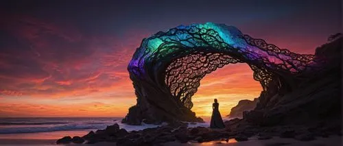 fractals art,rock arch,wavefront,rainbow waves,mermaid background,natural arch,dragonstone,3d fantasy,fantasy art,rainbow bridge,futuristic landscape,dragon bridge,biomorphic,mermaid silhouette,light art,sea stack,three point arch,fantasy landscape,danxia,taniwha