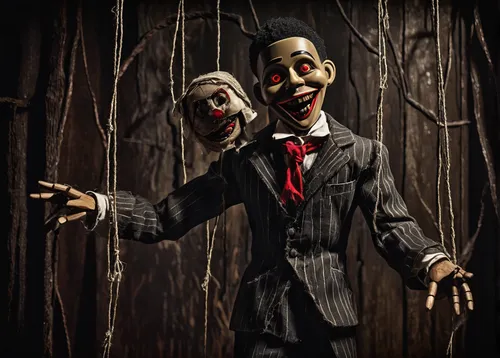 a wax dummy,marionette,creepy clown,horror clown,slender,it,puppet,ventriloquist,jigsaw,scary clown,string puppet,killer doll,wooden doll,comedy tragedy masks,the voodoo doll,a voodoo doll,puppets,collectible doll,puppeteer,wooden figures,Illustration,Realistic Fantasy,Realistic Fantasy 21