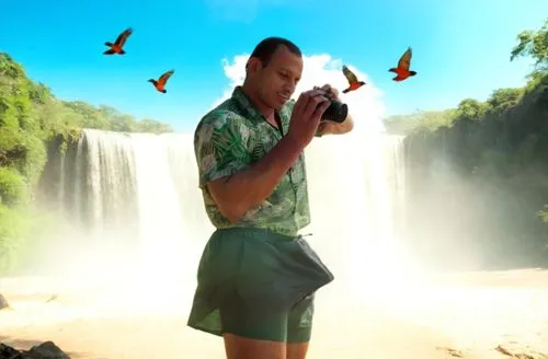 THE MAN IS IN THE AFRICAN JUNGLE. IN THE BACKGROUND THERE IS A WATERFALL WITH SOME SAND, ROCKS AND BIRDS FLYING.
THE MAN IS WEARING GREEN BOXERS. THE MAN'S SHIRT IS OUTSIDE THE BOXERS.,a man holding a